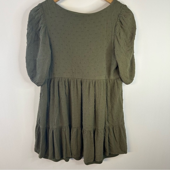 Altar’d State Olive Green Clip Dot Mini Dress, S, Blouson Sleeve, Boho, V-Neck - Picture 5 of 8